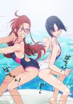  2girls anger_vein ass-to-ass black_hair clenched_teeth competition_swimsuit hip_attack keijo!!!!!!!! keijo_land_field long_hair multiple_girls muramura_hito one-piece_swimsuit parody precure purple_eyes red_hair shiratori_yuriko short_hair swimsuit takizawa_asuka teeth tropical-rouge!_precure 