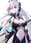  1girl asashin_(asn) blue_eyes bow breasts fate/grand_order fate_(series) highres long_hair medium_breasts morgan_le_fay_(fate) navel ponytail silver_hair staff tiara very_long_hair white_background 