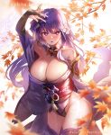  1girl apple_caramel arm_up autumn_leaves bare_shoulders braid breasts bright_pupils cleavage cowboy_shot detached_collar genshin_impact hair_ornament highleg highres japanese_clothes large_breasts leaf long_hair looking_at_viewer maple_leaf mole mole_under_eye no_bra no_pants obi obiage obijime parted_lips purple_eyes purple_hair raiden_(genshin_impact) sash single_braid solo thighhighs thighs very_long_hair wide_sleeves 