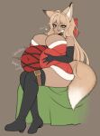 accessory animal_humanoid belly big_belly big_breasts blonde_hair bow_ribbon breasts cakecatboy canid canid_humanoid canine canine_humanoid character_request christmas crossed_legs dark_body dark_skin female fox_humanoid green_eyes hair hair_accessory hair_bow hair_ribbon hand_on_belly heart_symbol hi_res holding_stomach holidays huge_breasts humanoid mammal mammal_humanoid open_mouth open_smile ribbons rumbling_stomach signature sitting smile solo stuffing tail teeth text thick_thighs