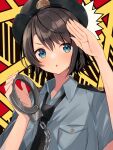  1girl :o bangs black_headwear black_neckwear blue_eyes blue_shirt blush brown_hair collared_shirt cuffs handcuffs hat highres holding_handcuffs hololive looking_at_viewer mi_taro333 necktie oozora_subaru open_mouth police police_hat police_uniform salute shirt short_hair short_sleeves solo swept_bangs uniform v-shaped_eyebrows virtual_youtuber white_shirt 