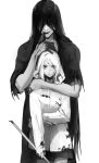  1boy 1girl absurdres bandaged_head bandages blood blood_on_clothes blood_on_hands cowboy_shot crowbar greyscale hand_on_another's_head heroine_(homicipher) highres holding holding_crowbar homicipher hood hood_up japanese_clothes kimono licking licking_finger licking_own_finger long_hair looking_at_viewer monochrome mr._crawling raincoat simple_background skirt standing very_long_hair white_background yonq98 