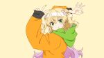  1girl bangs blonde_hair commentary_request double_bun fingernails flower goodbye_sengen_(vocaloid) green_eyes green_nails hair_flower hair_ornament highres hololive homura_minori hood hood_down hoodie long_hair long_sleeves looking_at_viewer momosuzu_nene nail_polish official_art ok_sign orange_nails simple_background solo two_side_up v virtual_youtuber yellow_background 