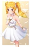  1girl absurdres blonde_hair bracelet brown_eyes cowboy_shot dress emily_stewart gradient gradient_background highres idolmaster idolmaster_million_live! idolmaster_million_live!_theater_days jewelry karua_(karua23) long_hair sleeveless sleeveless_dress smile solo twintails white_dress white_feathers 