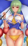  1girl alternate_costume ascot balloon bangs bikini bikini_bottom blue_tank_top blue_umbrella breasts closed_mouth cowboy_shot eyebrows_visible_through_hair green_hair hand_on_own_chest highres holding holding_umbrella kazami_yuuka large_breasts looking_at_viewer midriff multicolored_umbrella navel red_eyes short_hair shounen_(hogehoge) skirt solo standing swimsuit tank_top touhou touhou_lost_word two-tone_umbrella umbrella white_tank_top white_umbrella wrist_cuffs yellow_bikini yellow_neckwear 