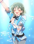  1boy arm_up birthday blush braid closed_eyes commentary_request confetti cowboy_shot cross_tie dated english_text grey_pants hand_up happy_birthday holding holding_microphone idol idol_clothes idolmaster idolmaster_side-m jacket microphone multicolored_clothes multicolored_jacket multicolored_shirt multiple_wristbands music official_alternate_costume open_clothes open_jacket open_mouth pants short_hair short_sleeves side_braid singing single_wrist_cuff smile solo soumendaze standing star_(symbol) sweat teeth three_quarter_view tongue upper_teeth_only uzuki_makio white_wrist_cuffs wrist_cuffs wristband 