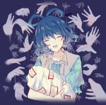  1girl bangs blue_background blue_hair blue_shirt closed_eyes commentary_request cropped_torso disembodied_limb eyebrows_visible_through_hair facing_viewer floral_print hair_ornament hair_rings hair_stick hands highres holding kaku_seiga medium_hair open_mouth ringlets shirt short_sleeves simple_background smile solo talisman touhou upper_body uranaishi_(miraura) vest white_vest 