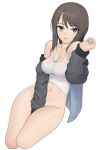  1girl bangs brown_eyes brown_hair girls_und_panzer highres jacket keizoku_military_uniform long_hair looking_at_viewer mika_(girls_und_panzer) no_bra no_panties no_pants see-through_shirt shirt sleeveless sleeveless_shirt solo track_jacket wata_do_chinkuru white_background 