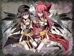  2girls alternate_color archbishop_(ragnarok_online) bangs bell black_footwear black_wings blue_eyes blush bow brown_hair cleavage_cutout closed_mouth clothing_cutout commentary_request demon_wings dress eyebrows_visible_through_hair full_body garter_straps hair_bell hair_between_eyes hair_bow hair_ornament head_wings high_heels holding_hands juliet_sleeves long_hair long_sleeves looking_at_viewer mouth_hold multiple_girls pink_hair pipe_in_mouth puffy_sleeves ragnarok_online red_bow red_dress red_eyes reona_amane sash smile stalk_in_mouth thighhighs white_dress white_legwear wings yellow_sash 