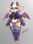 absurd_res anthro armwear blasticussaturn blue_eyes blue_hair cloak clothing countershading demon elbow_gloves exposed_hips fluffy_chest fluffy_hips fur gloves hair handwear hi_res horn looking_at_viewer male membrane_(anatomy) membranous_wings midriff navel open_mouth signature solo thong_straps wings yellow_body yellow_fur