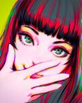  1girl black_hair blunt_bangs close-up closed_mouth covering_own_mouth dutch_angle eyelashes eyeshadow green_background green_eyes green_hair hand_on_own_face hand_over_own_mouth hand_up highres ilya_kuvshinov light_smile lips long_hair looking_at_viewer makeup multicolored_hair original pink_eyeshadow pink_lips portrait red_hair red_streaks saturated smile smirk solo streaked_hair thick_eyebrows two-tone_hair upturned_eyes very_long_hair 