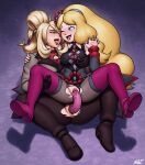  2girls black_panties blonde_hair blue_eyes boots caitlin_(fall_2021)_(pokemon) caitlin_(pokemon) clothing_aside commentary commission cynthia_(pokemon) cynthia_(sygna_suit)_(pokemon) eye_contact eyelashes grey_jacket hand_on_another&#039;s_thigh hand_up highres jacket long_hair looking_at_another multiple_girls object_insertion official_alternate_costume one_eye_closed open_mouth panties panties_aside pokemon pokemon_masters_ex purple_footwear revtilian shared_object_insertion sidelocks spread_legs teeth thigh_boots tongue tongue_out underwear upper_teeth_only vaginal vaginal_object_insertion yuri 