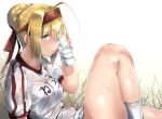  1girl absurdres ahoge bangs blonde_hair blush bottle braid breasts fate/extra fate/grand_order fate_(series) french_braid green_eyes gym_shirt hair_bun hair_intakes hair_ribbon highres knee_up large_breasts long_hair looking_at_viewer name_tag nero_claudius_(fate) nero_claudius_(fate/extra) olympian_bloomers red_ribbon ribbon shirt short_sleeves sitting solo thighs uno_ryoku water_bottle white_shirt 