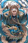  1girl \n/ bandaid bandaid_on_arm bandaid_on_cheek bandaid_on_face black_shirt blue_eyes blue_nails blue_trim bracelet braid brown_hair chinese_clothes cloud dragon earrings eastern_dragon hands_up highres jewelry long_hair looking_at_viewer mayamadesu multiple_bracelets nail_polish open_mouth original piercing revision scrunchie shirt short_sleeves solo straight_hair tassel tassel_earrings teeth tongue tongue_out tongue_piercing upper_body wrist_scrunchie 