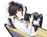  1girl animal_on_lap azur_lane bench black_hair black_legwear blush breasts cat cat_on_lap closed_mouth commentary cowboy_shot from_behind gloves hair_flaps hair_ribbon jacket long_hair long_sleeves looking_at_viewer looking_back medium_breasts military military_uniform miniskirt pantyhose petting pleated_skirt ponytail ribbon simple_background sitting skirt smile solo takao_(azur_lane) tamatabe thighband_pantyhose uniform white_background white_gloves white_jacket white_ribbon white_skirt yellow_eyes 