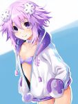  1girl blush breasts d-pad d-pad_hair_ornament hair_ornament hood hooded_jacket iwashi_dorobou_-r- jacket looking_at_viewer neptune_(neptune_series) neptune_(series) purple_eyes purple_hair short_hair small_breasts smile solo swimsuit swimsuit_under_clothes 