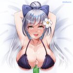  1girl absurdres after_paizuri ahegao arms_behind_head artist_name azur_lane bdhentai bikini bow breasts collarbone cum cum_on_body cum_on_breasts eyebrows_visible_through_hair flower grey_eyes hair_bow hair_flower hair_ornament highres large_breasts long_hair lying official_alternate_costume on_back open_mouth paizuri paizuri_under_clothes purple_bikini purple_bow rolling_eyes saliva silver_hair skindentation solo swimsuit upper_body vittorio_veneto_(azur_lane) vittorio_veneto_(the_flower_of_la_spezia)_(azur_lane) white_flower 