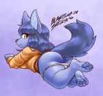 anthro blasticussaturn blue_body blue_fur blue_hair bottomwear butt canid canine clothed clothing female fur hair hi_res long_hair looking_at_viewer looking_back mammal panties panties_down partially_clothed pawpads paws signature simple_background skirt solo sweater topwear underwear underwear_down yellow_clothing yellow_eyes yellow_sweater yellow_topwear