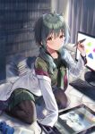  1girl ahoge bangs black_legwear blurry blurry_background book book_stack bookshelf brown_eyes closed_mouth commentary_request controller curtains depth_of_field drawing_tablet eyebrows_visible_through_hair feet_out_of_frame game_controller green_hair green_neckwear green_sailor_collar green_serafuku green_shirt green_skirt hair_between_eyes hair_over_shoulder hand_up holding holding_stylus indoors keyboard_(computer) labcoat long_hair long_sleeves looking_at_viewer low_twintails midorikawa_you monitor off_shoulder on_floor open_clothes original pantyhose pleated_skirt sailor_collar school_uniform serafuku shirt skirt sleeves_past_fingers sleeves_past_wrists solo stylus twintails wooden_floor 