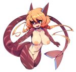  1girl :d absurdres animal_ears breasts commentary completely_nude english_commentary eyebrows_visible_through_hair furry furry_female highres large_breasts long_hair looking_to_the_side low_twintails navel nipples nude open_mouth orange_hair original red_eyes sharp_teeth simple_background slugbox smile solo tail teeth thick_eyebrows thighs twintails white_background 