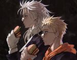  1boy 1girl bandage_on_face bandages blonde_hair blood blue_eyes blush burger dorohedoro earrings eating food from_side glasses gloves highres jewelry long_hair muscular muscular_female noi_(dorohedoro) open_mouth park_ongjol profile red_eyes short_hair simple_background smile white_gloves white_hair 