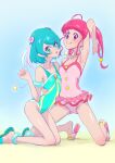  2girls alien armpits breasts covered_nipples flip-flops green_eyes green_hair hagoromo_lala hoshina_hikaru hug kneeling legs multiple_girls muramura_hito one-piece_swimsuit pointy_ears ponytail precure red_eyes red_hair sandals small_breasts smile star_twinkle_precure swimsuit 