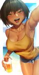  1girl alcohol armpits beach beer blush breasts brown_hair cleavage commentary_request cowboy_shot cup dark_skin framed highres holding holding_cup large_breasts looking_at_viewer no_bra ocean open_mouth original outdoors rakuga_kiya shirt short_hair short_shorts shorts solo standing sweat yellow_eyes yellow_shirt 