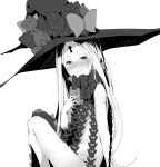  1girl abigail_williams_(fate) absurdres bangs bare_shoulders blush bow breasts fate/grand_order fate_(series) forehead greyscale hair_bow hat highres keyhole knees_up long_hair looking_at_viewer monochrome multiple_bows navel parted_bangs polka_dot polka_dot_bow single_thighhigh sitting small_breasts smile solo stuffed_animal stuffed_toy teddy_bear thighhighs thighs uno_ryoku witch_hat 