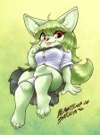anthro barefoot blasticussaturn bottomwear bow_tie canid canine clothed clothing clothing_around_legs dress_shirt eyelid_pull eyelid_pull_taunt feet female fox fur gesture green_body green_fur green_hair hair hi_res looking_at_viewer low-angle_view mammal panties panties_around_legs panties_down partially_clothed paws shirt signature simple_background skirt smile solo tongue tongue_out topwear underwear underwear_around_legs underwear_down yellow_eyes
