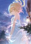  1girl absurdres alternate_hairstyle bare_shoulders blonde_hair blue_archive blush hair_bun hair_ribbon halo hifumi_(blue_archive) highres ice kokko_(kokko3045) looking_at_viewer naked_towel outdoors pine_tree ribbon snow solo standing steam towel tree water_drop wet wings winter 