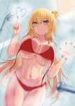  1girl against_glass akai_haato bangs bathroom bikini blonde_hair blue_eyes blush boku_no_edamame breast_press breasts cowboy_shot drawing hair_between_eyes hand_on_glass heart highres hololive large_breasts long_hair looking_at_viewer navel red_bikini red_nails shower_(place) shower_head solo swimsuit thigh_gap tile_wall tiles untied untied_bikini very_long_hair virtual_youtuber water wet 