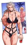  1boy 1girl abs beach blonde_hair breasts dorohedoro earrings jewelry large_breasts long_hair looking_at_viewer muscular muscular_female navel noi_(dorohedoro) open_mouth park_ongjol red_eyes shin_(dorohedoro) simple_background smile swimsuit white_hair 