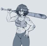  1girl abs baseball_bat blood blood_on_weapon breasts bubble_blowing chewing_gum cleavage clothes_writing crop_top crop_top_overhang fingernails gabriel_ales greyscale hair_between_eyes hand_on_hip highres holding holding_baseball_bat kill_la_kill matoi_ryuuko medium_breasts monochrome multicolored_hair muscular muscular_female no_bra over_shoulder pants short_hair sleeveless solo streaked_hair sweat thick_thighs thighs weapon weapon_over_shoulder yoga_pants 