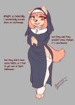 absurd_res anthro biscuit_(blasticussaturn) blasticussaturn canid canine clothing collar crucifix dialogue female garter_straps habit hair hi_res legwear mammal nun nun_outfit one_ear_up orange_hair panties praying_hands red_eyes side_slit signature simple_background smile solo text thigh_highs underwear