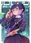  1girl absurdres closed_mouth glasses highres holding holding_paintbrush holding_palette hololive hololive_english keenbiscuit mole mole_under_eye ninomae_ina&#039;nis paintbrush palette_(object) pointy_ears purple_hair purple_nails solo tentacle_hair virtual_youtuber 