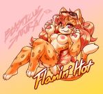 anthro bikini blasticussaturn breasts cheetah cheetos clothing countershading eyeshadow eyewear felid feline female hair hi_res long_hair looking_at_viewer makeup mammal markings nipples pawpads pupils raised_arms red_eyes red_hair sharp_teeth signature simple_background slit_pupils smile solo spots spotted_markings string_bikini sunglasses swimwear teeth text two-piece_swimsuit