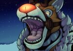 ambiguous_gender bodily_fluids deer glowing glowing_eyes glowing_nose gravitysinning hi_res living_machine machine mammal mouth_shot new_world_deer night open_mouth orisa_(overwatch) outside reindeer reindeer_orisa_(overwatch) saliva saliva_string sky snow solo star starry_sky teeth throat winter