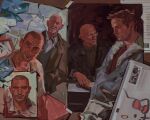  3boys bald better_call_saul black_jacket blood breaking_bad glasses highres jacket jesse_pinkman mike_ehrmantraut multiple_boys nacho_varga old old_man phone photo_(object) photo_background sunnnliwx white_beard white_facial_hair 