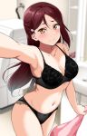  1girl black_bra black_panties blush bra breasts cleavage collarbone commentary hair_ornament hairclip half_updo highres long_hair looking_at_viewer love_live! love_live!_sunshine!! medium_breasts panties red_hair sakurauchi_riko selfie solo underwear upper_body yellow_eyes yopparai_oni 