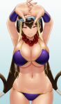  1girl armpits arms_up bangs bare_shoulders bead_necklace beads bikini blue_background blush breasts bridal_gauntlets brown_hair cleavage earrings fate/grand_order fate_(series) gonoike_biwa gradient gradient_background grin hair_between_eyes highres hip_focus hoop_earrings huge_breasts jewelry long_hair looking_at_viewer low-tied_long_hair navel necklace outstretched_arms prayer_beads purple_bikini purple_eyes simple_background smile solo stretch swimsuit very_long_hair xuangzang_sanzang_(fate) 