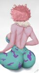  1girl ashido_mina ass back bare_back bare_shoulders boku_no_hero_academia breasts colored_skin facing_away from_behind fur_collar highres pink_hair pink_skin savagexthicc short_hair simple_background skin_tight solo unitard white_background 