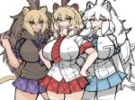  3girls alternate_breast_size animal_ears arm_at_side bangs barbary_lion_(kemono_friends) bare_arms black_shirt blonde_hair blue_eyes blue_neckwear blue_skirt bodystocking breast_pocket breasts brown_eyes brown_hair buttons cat_girl commentary cowboy_shot dress_shirt english_commentary eyebrows_visible_through_hair fang finger_to_mouth fur_collar hair_between_eyes hand_up hands_on_hips highres huge_breasts impossible_clothes impossible_shirt kemono_friends lion_(kemono_friends) lion_ears lion_girl lion_tail long_hair medium_hair miniskirt multicolored_hair multiple_girls nanoder necktie open_mouth plaid plaid_neckwear plaid_skirt plaid_sleeves plaid_trim pleated_skirt pocket purple_neckwear purple_skirt red_neckwear red_skirt shirt short_sleeves simple_background skirt smile sweater_vest tail tan two-tone_hair v-shaped_eyebrows very_long_hair white_background white_hair white_lion_(kemono_friends) white_shirt yellow_eyes 