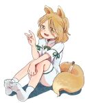  1girl animal_ears blonde_hair corked_bottle feet finger_touching fox_ears fox_girl fox_shadow_puppet fox_tail full_body green_ribbon jumpsuit kudamaki_tsukasa mandarin_collar onesie open_mouth ribbon rome35793562 romper short_hair simple_background sitting socks soles tail test_tube touhou white_background white_jumpsuit white_legwear yellow_eyes 