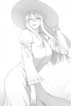  1girl alternate_costume artoria_pendragon_(fate) artoria_pendragon_(lancer)_(fate) breasts commentary dress english_commentary fate/grand_order fate_(series) greyscale hat highres large_breasts long_hair long_sleeves lvl_(sentrythe2310) monochrome sidelocks solo sun_hat 