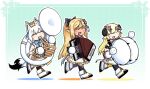  3girls animal_ears bangs blonde_hair blush bow braid can_robo28 commentary_request crown drum earrings eyebrows_visible_through_hair fox_ears fox_girl fox_tail hair_between_eyes hair_bow hair_ornament hololive hololive_idol_uniform horns idol instrument jewelry long_hair mini_crown multiple_girls music open_mouth playing_instrument pointy_ears ponytail sheep_girl sheep_horns shirakami_fubuki shiranui_flare sidelocks single_braid smile sousaphone tail tsunomaki_watame virtual_youtuber walking white_hair xylophone 