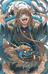  1girl \n/ bandaid bandaid_on_arm bandaid_on_cheek bandaid_on_face black_shirt blue_eyes blue_nails blue_trim bracelet braid brown_hair chinese_clothes cloud dragon earrings eastern_dragon hands_up highres jewelry long_hair looking_at_viewer mayamadesu multiple_bracelets nail_polish open_mouth original piercing revision scrunchie shirt short_sleeves solo straight_hair tassel tassel_earrings teeth tongue tongue_out tongue_piercing upper_body wrist_scrunchie 