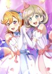  2girls absurdres bare_shoulders blue_bow blue_eyes blush bow commentary detached_sleeves dress elbow_gloves gloves grey_hair hair_bow hands_together hands_up highres interlocked_fingers love_live! love_live!_superstar!! medium_hair multiple_girls open_mouth orange_hair pink_bow puffy_short_sleeves puffy_sleeves purple_eyes ranemu shibuya_kanon short_hair short_sleeves smile sweat tang_keke tiny_stars upper_teeth white_dress 