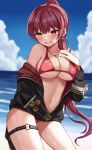  1girl arrow_through_heart beach bikini black_jacket blue_sky blurry blurry_background blush breasts cleavage cloud cloudy_sky commentary contrapposto cowboy_shot day earrings eyebrows_visible_through_hair glint gradient_hair grin halterneck hand_on_own_chest heart heart_earrings heart_necklace heterochromia highres hololive houshou_marine jacket jewelry large_breasts long_hair looking_at_viewer moonbell multicolored_hair nail_polish navel o-ring o-ring_legwear ocean off_shoulder official_alternate_costume open_clothes open_jacket outdoors pien pin ponytail purple_hair red_bikini red_eyes red_nails sky smile solo stomach string_bikini swimsuit thigh_strap thighs two-tone_hair unzipped virtual_youtuber wet yellow_eyes 