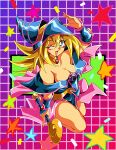  1990s_(style) 1girl arm_up bare_shoulders blonde_hair blush blush_stickers breasts cleavage dark_magician_girl duel_monster eyebrows_visible_through_hair film_grain green_eyes hair_between_eyes hat highres large_breasts long_hair one_eye_closed open_mouth potiri02 retro_artstyle shadow smile solo star_(symbol) wizard_hat yu-gi-oh! yu-gi-oh!_duel_monsters 