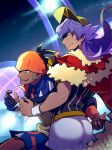  2boys ass baseball_cap black_hair black_hoodie blurry bright_pupils cape champion_uniform closed_mouth collared_shirt commentary_request dark-skinned_male dark_skin earrings facial_hair fur-trimmed_cape fur_trim gloves gym_leader hat highres hood hoodie jewelry leon_(pokemon) light long_hair male_focus multiple_boys orange_headwear parted_lips partially_fingerless_gloves pokemon pokemon_(game) pokemon_swsh purple_hair raihan_(pokemon) red_cape shirt short_hair short_sleeves shorts side_slit side_slit_shorts smile undercut white_pupils white_shorts yellow_eyes yunoru 